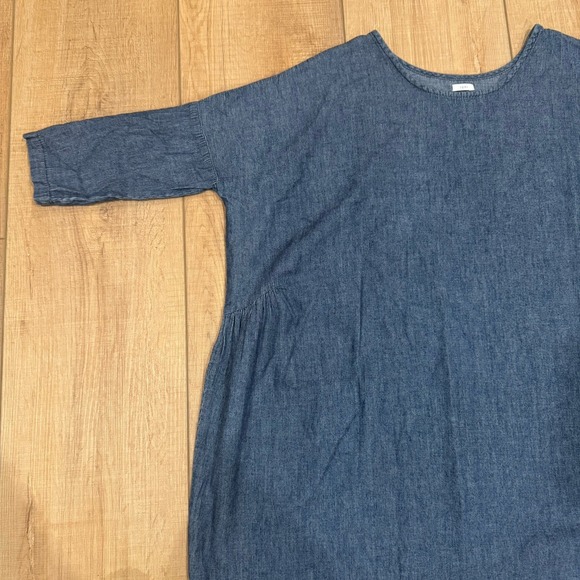 ICHI Chambray Blue Shift Dress Short Sleeve Loose Fit Minimalist One Size - Picture 6 of 10